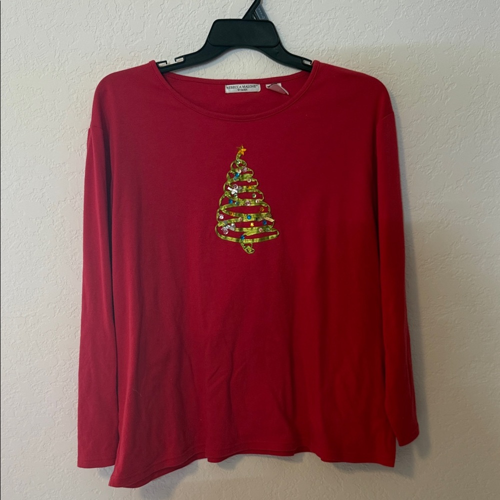 ❤️🔥Rebecca Malone Red Holiday Christmas Tree Long Sleeve Top
